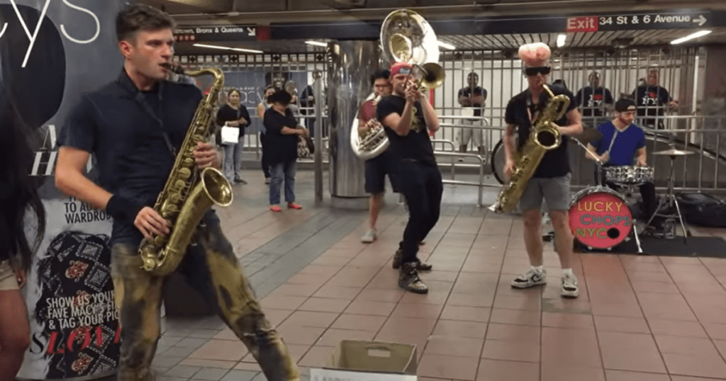 Talented brass band plays old school music and turns subway platform