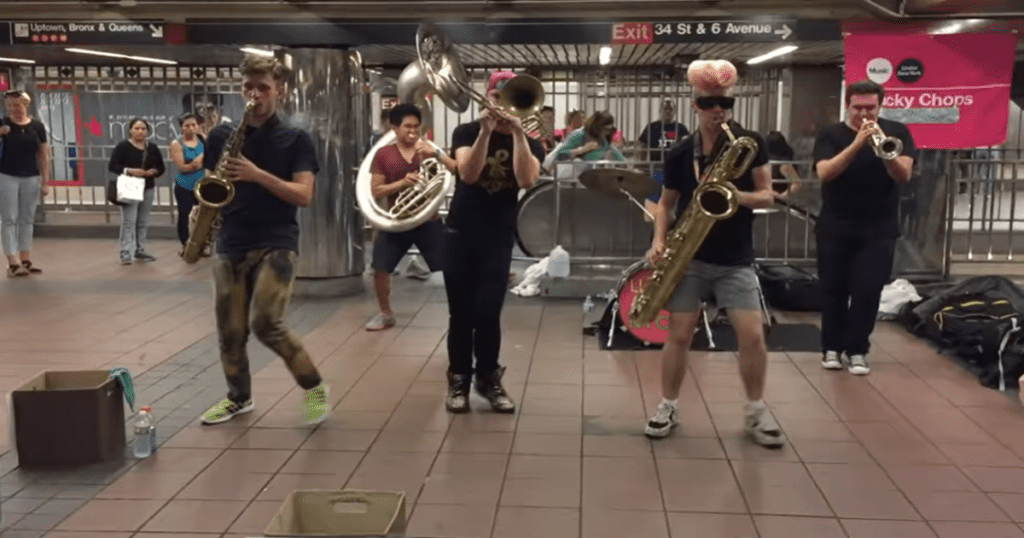 Talented brass band plays old school music and turns subway platform