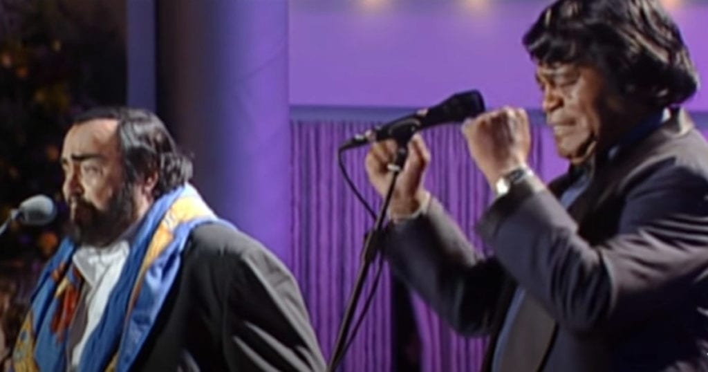 Luciano Pavarotti and James Brown team up for a live performance that