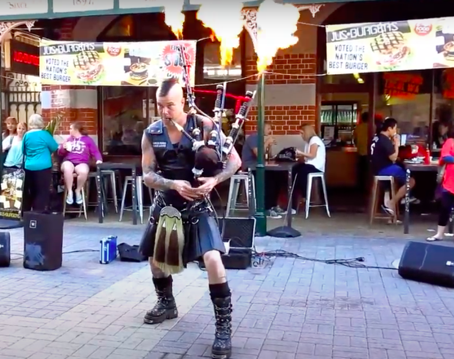 Artist performs “Thunderstruck” on flamethrowing Bagpipes