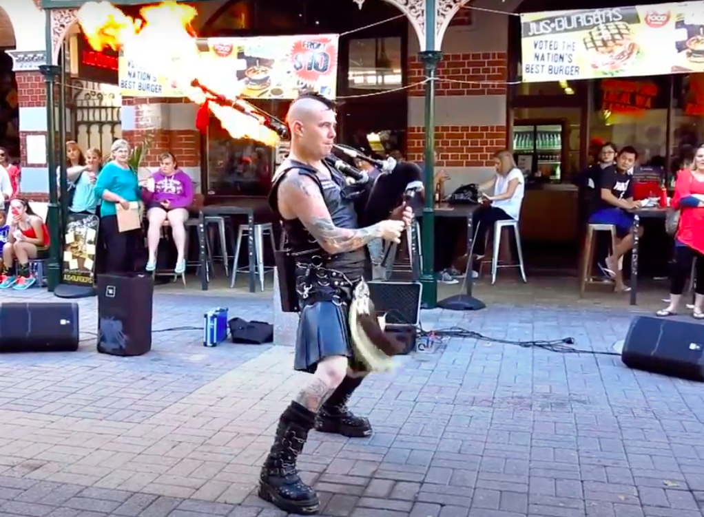 Artist performs “Thunderstruck” on flamethrowing Bagpipes
